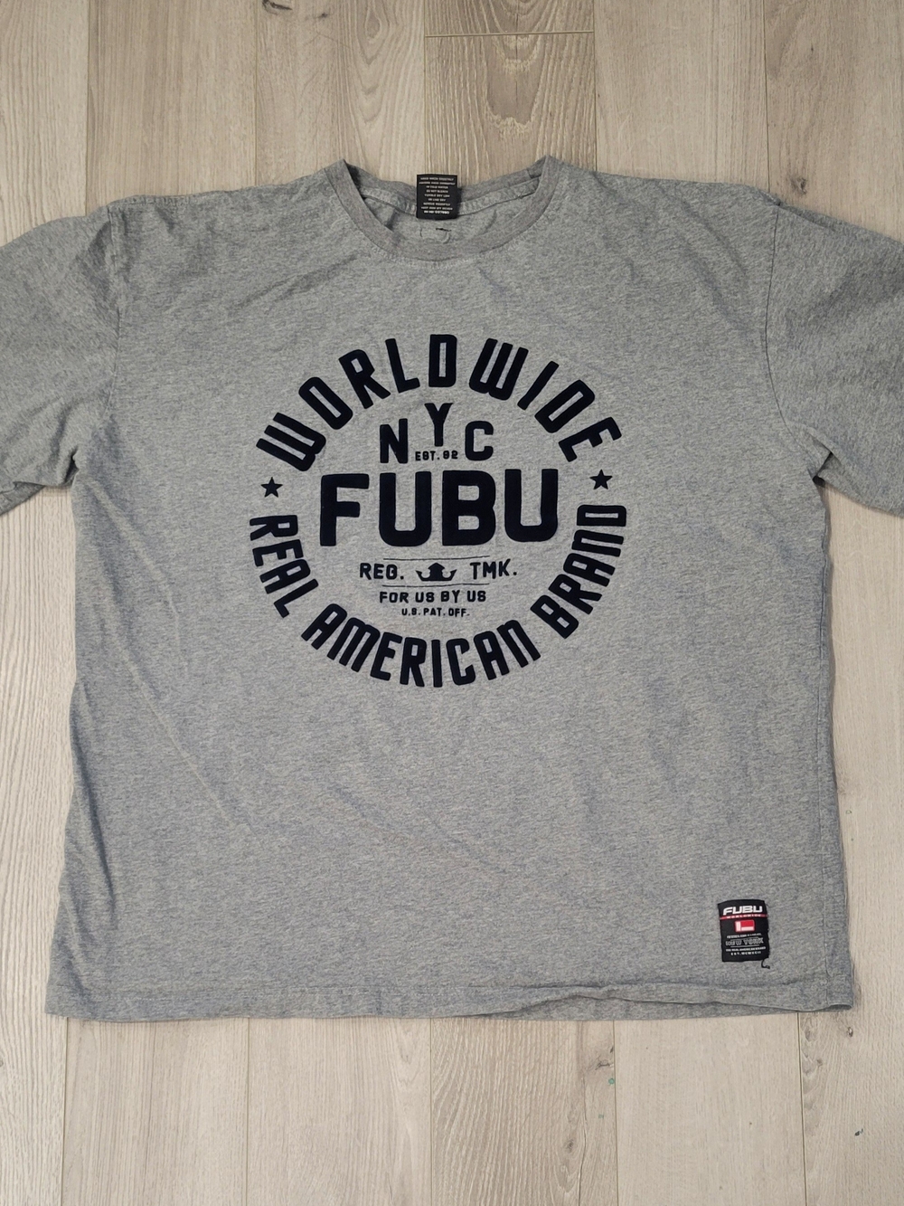 FUBU 90s/Y2K Worldwide Graphic Tee Light Gray with Navy Logo